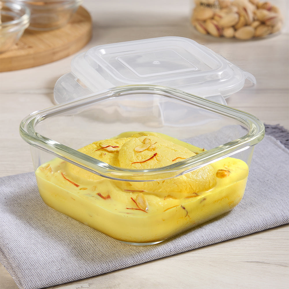 Borosil Klip n Store Square Glass Container, 520 ml