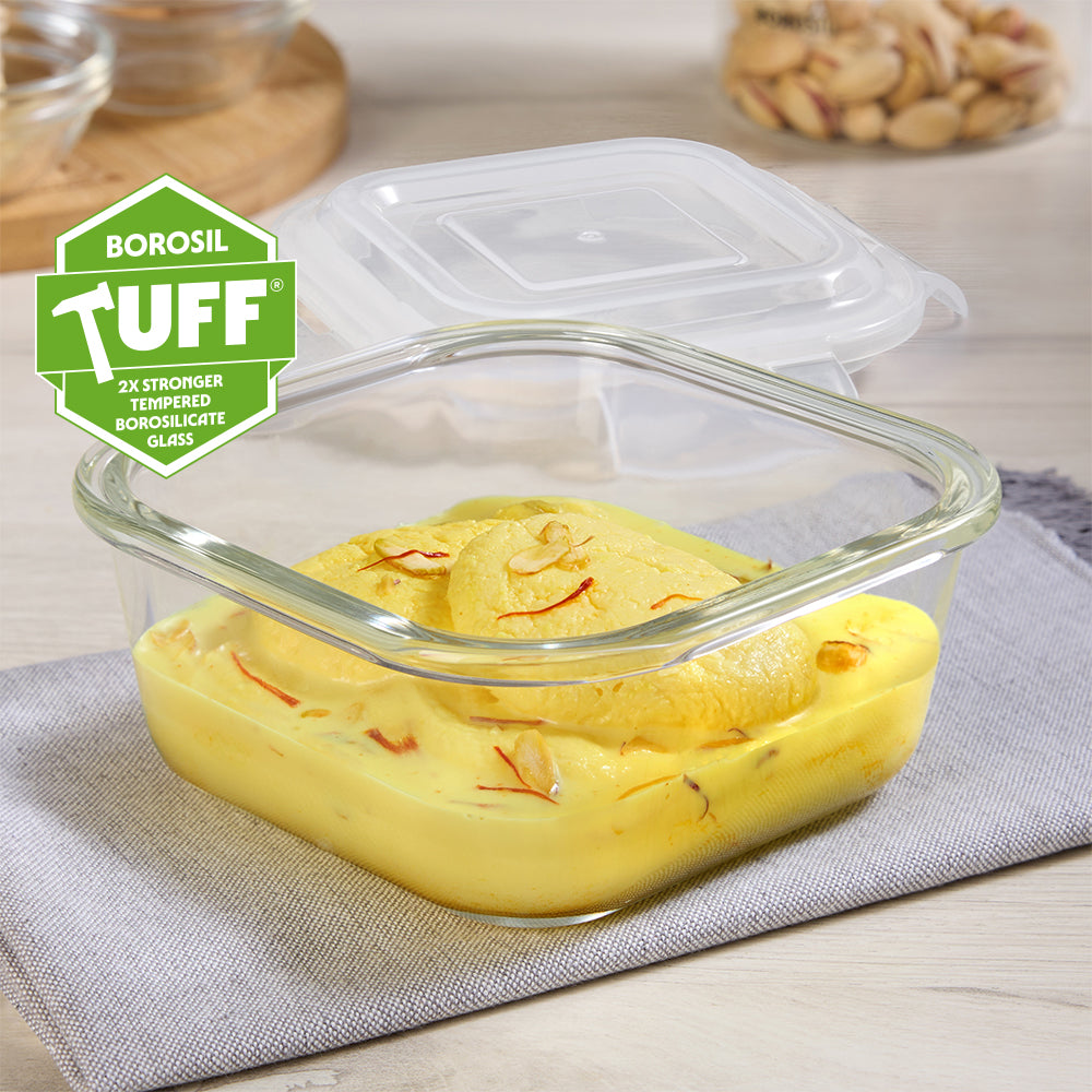 Borosil Klip n Store Square Glass Container, 520 ml
