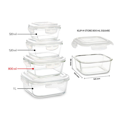 Borosil Klip n Store Square Glass Container, 800 ml 800 ml