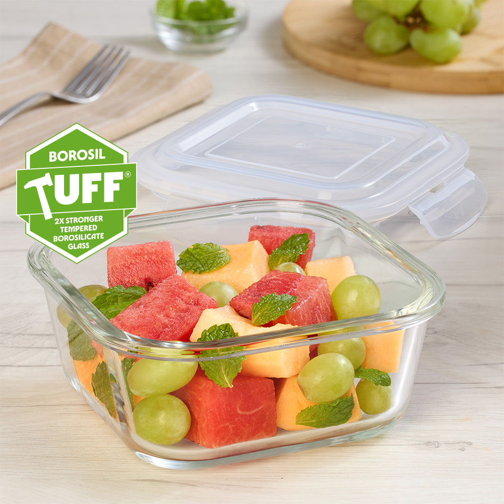 Borosil Klip n Store Square Glass Container, 800 ml