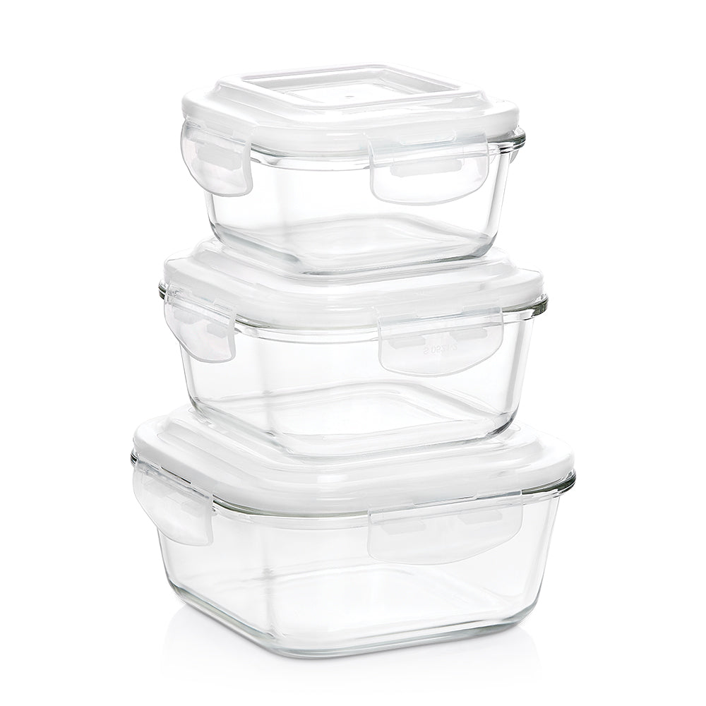 Borosil Klip n Store Square Set of 3 Glass Container, 320 ml + 520 ml + 800 ml 320 ml + 520 ml + 800 ml