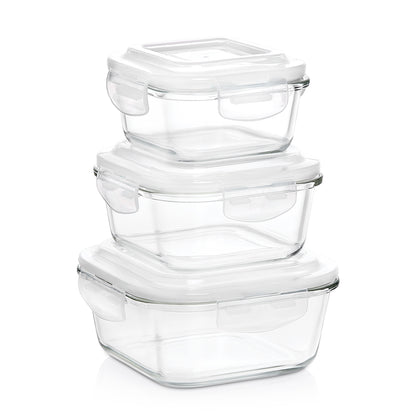 Borosil Klip n Store Square Set of 3 Glass Container, 320 ml + 520 ml + 800 ml 320 ml + 520 ml + 800 ml