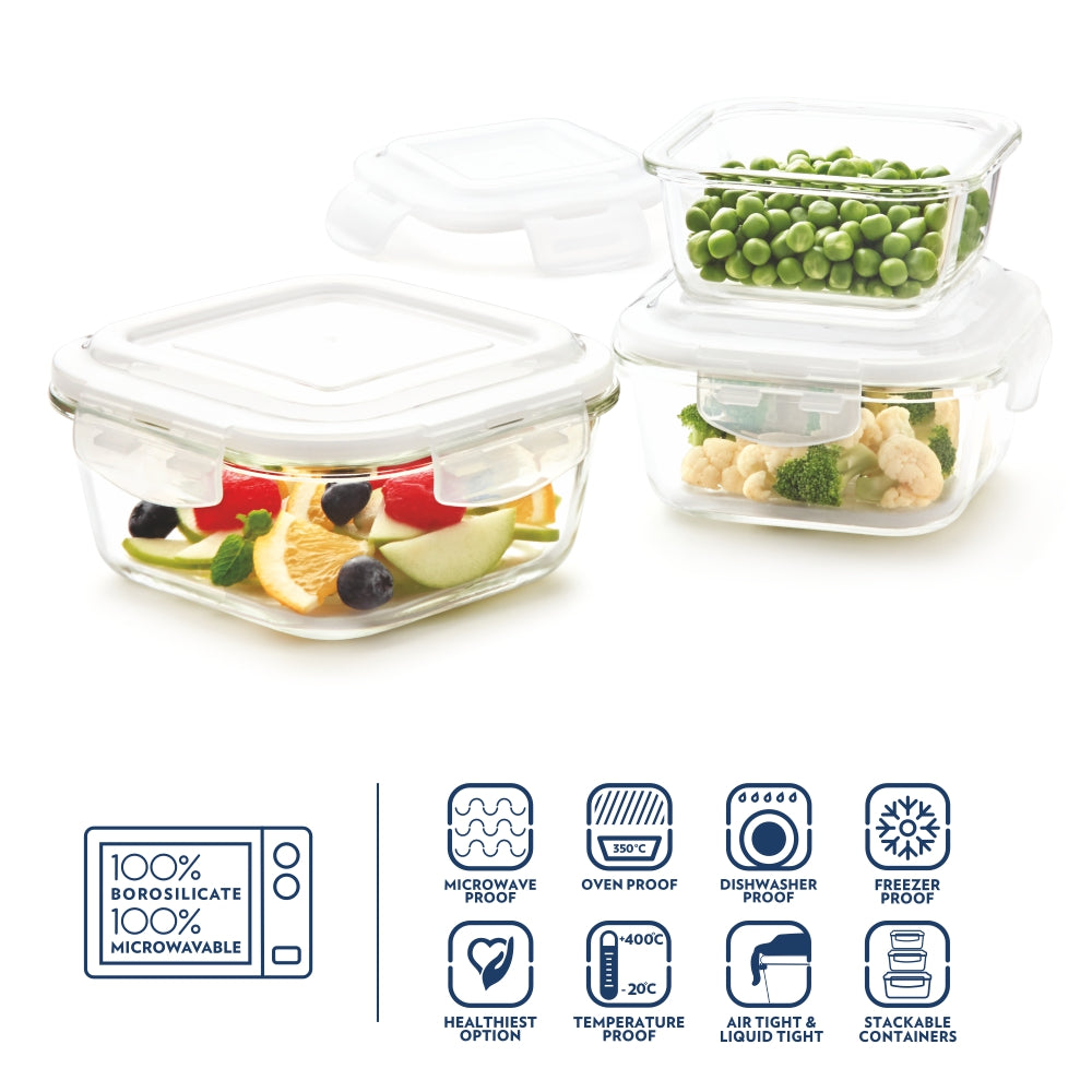 Borosil Klip n Store Square Set of 3 Glass Container, 320 ml + 520 ml + 800 ml 320 ml + 520 ml + 800 ml