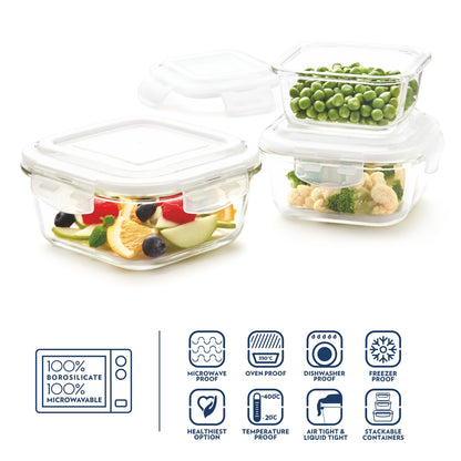 Borosil Klip n Store Square Set of 3 Glass Container, 320 ml + 520 ml + 800 ml 320 ml + 520 ml + 800 ml
