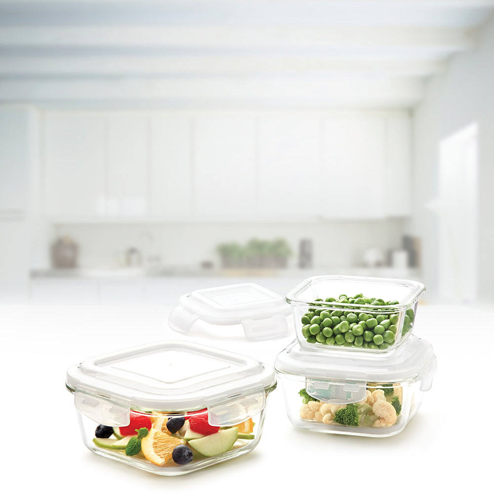Borosil Klip n Store Square Set of 3 Glass Container, 320 ml + 520 ml + 800 ml 320 ml + 520 ml + 800 ml