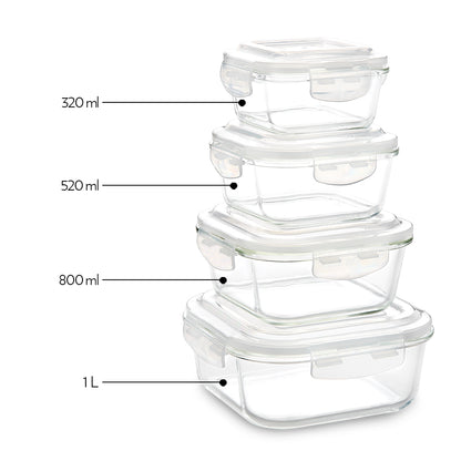 Borosil Klip n Store Square Set of 3 Glass Container, 320 ml + 520 ml + 800 ml 320 ml + 520 ml + 800 ml