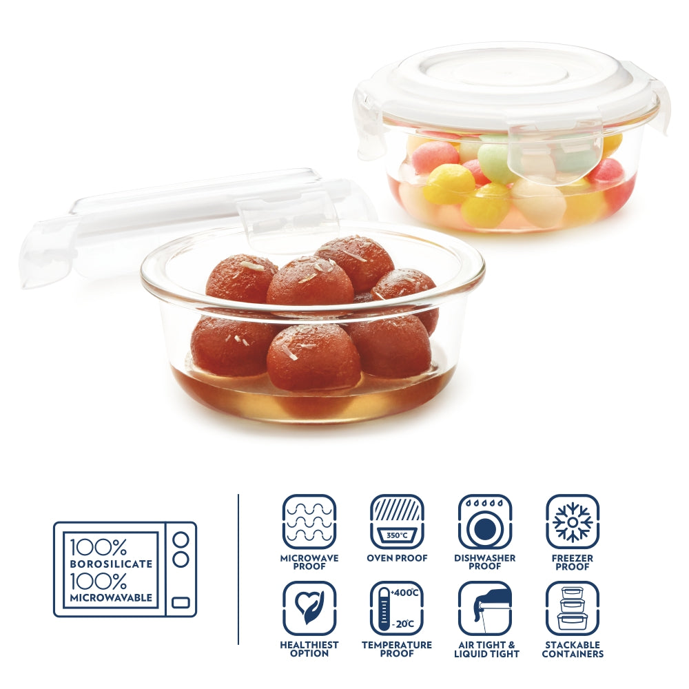Borosil Klip n Store Round Set of 2 Glass Container, 400 ml x 2 400 ml x 2