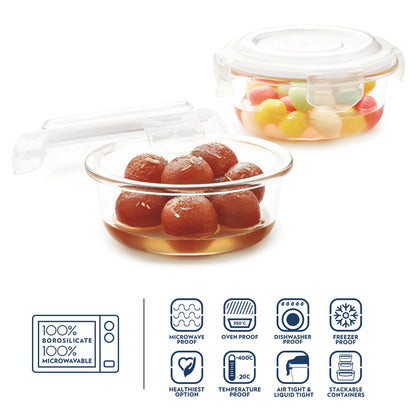 Borosil Klip n Store Round Set of 2 Glass Container, 400 ml x 2 400 ml x 2