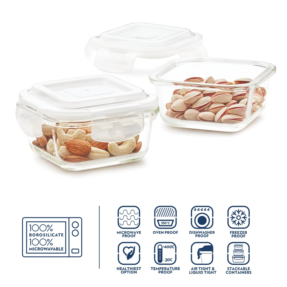 Borosil Klip n Store Square Set of 2 Glass Container, 320 ml x 2 320 ml x 2
