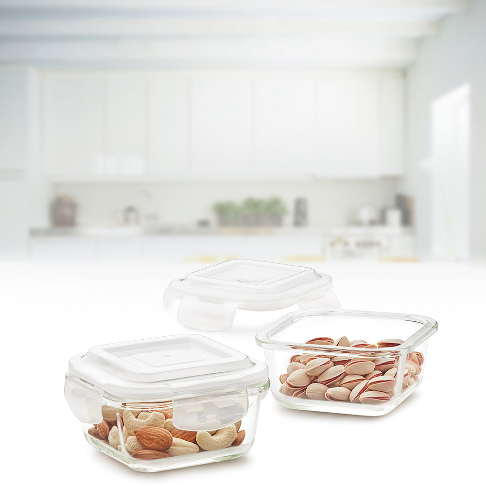Borosil Tuff-Glass Klip n Store, Square, Set of 2, Containers