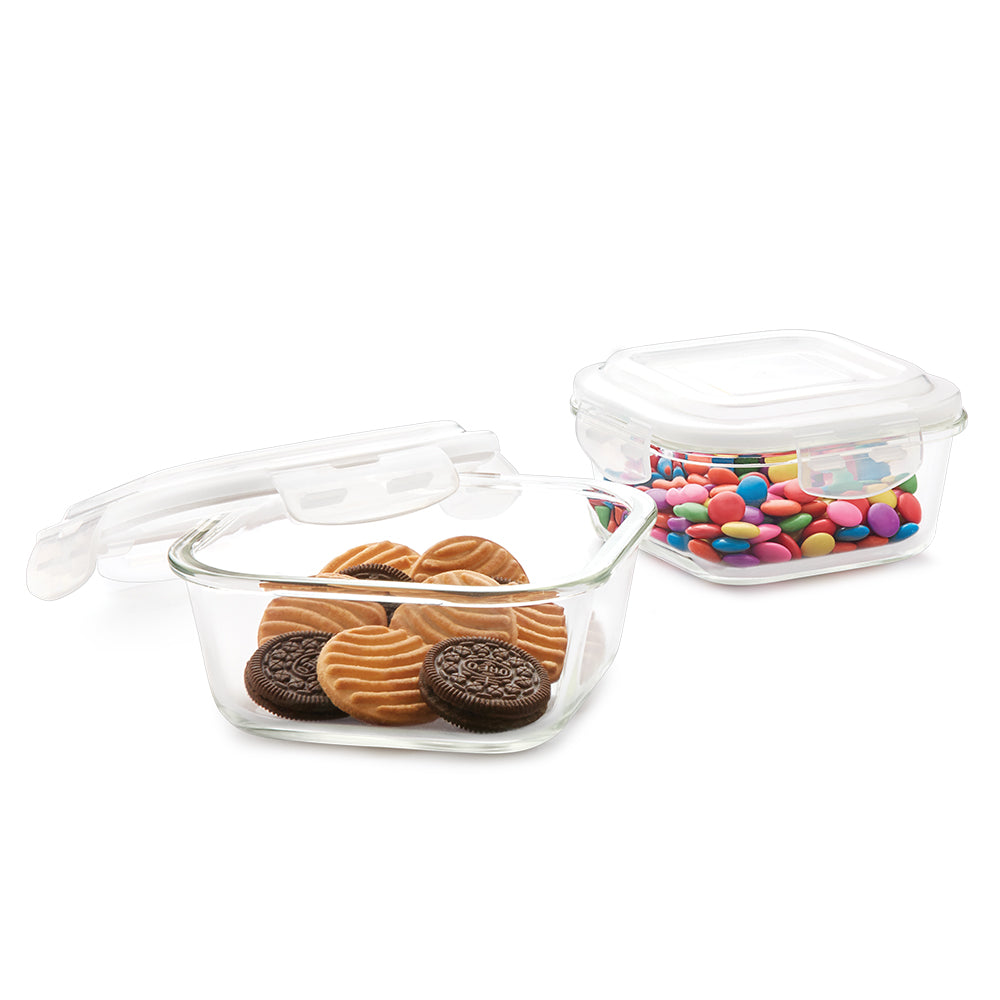 Borosil Klip n Store Square Set of 2 Glass Container, 520 ml + 800 ml 520 ml + 800 ml