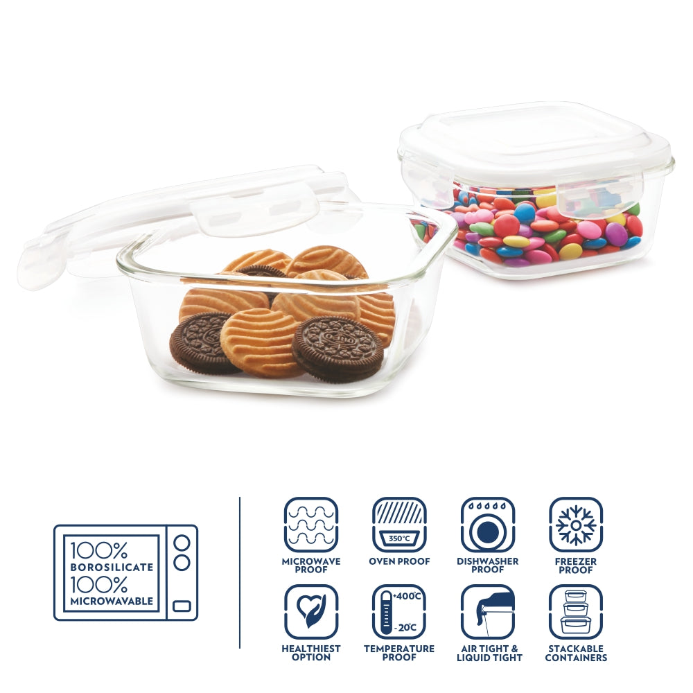 Borosil Klip n Store Square Set of 2 Glass Container, 520 ml + 800 ml 520 ml + 800 ml