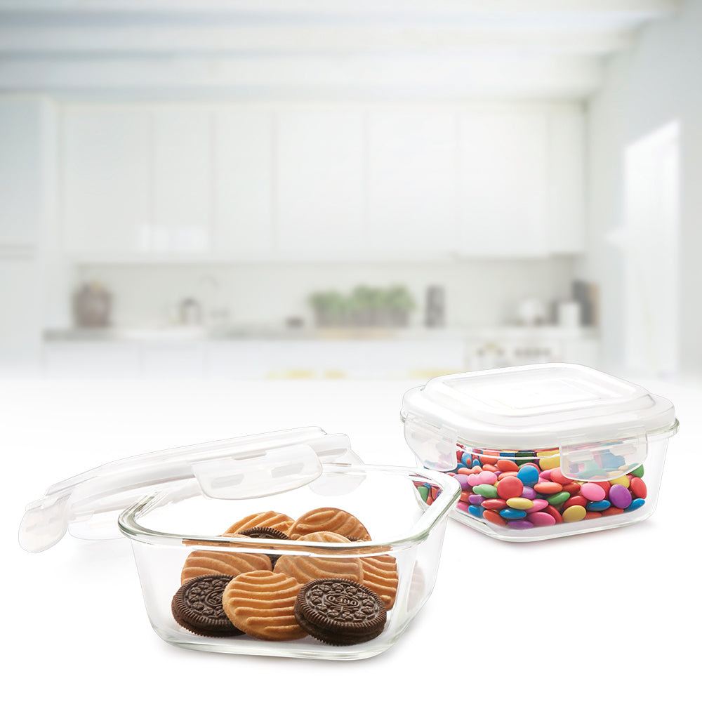 Borosil Klip n Store Square Set of 2 Glass Container, 520 ml + 800 ml 520 ml + 800 ml
