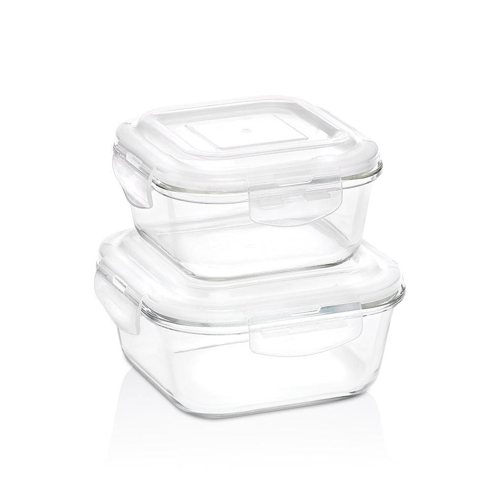 Borosil Klip n Store Square Set of 2 Glass Container, 520 ml + 800 ml 520 ml + 800 ml