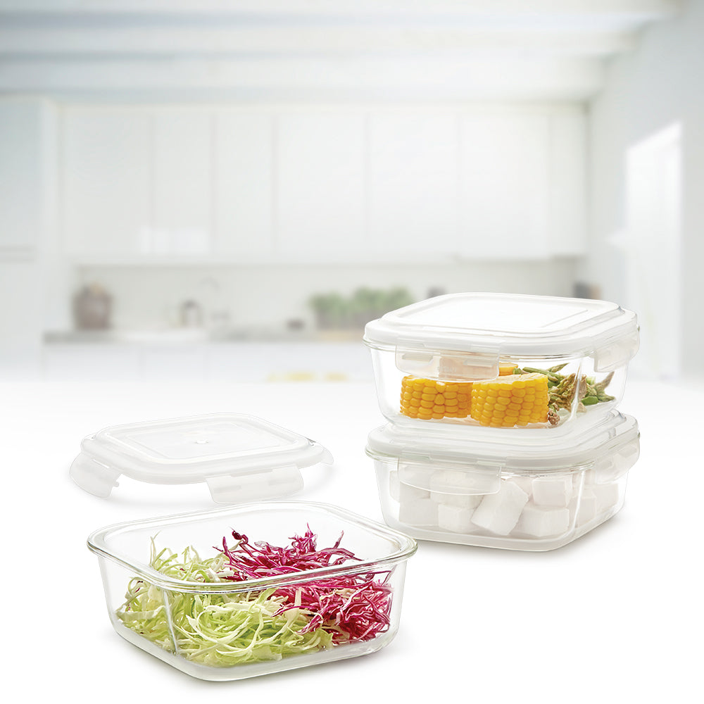 Borosil Klip n Store Square Set of 3 Glass Container, 1L x 3 1L x 3