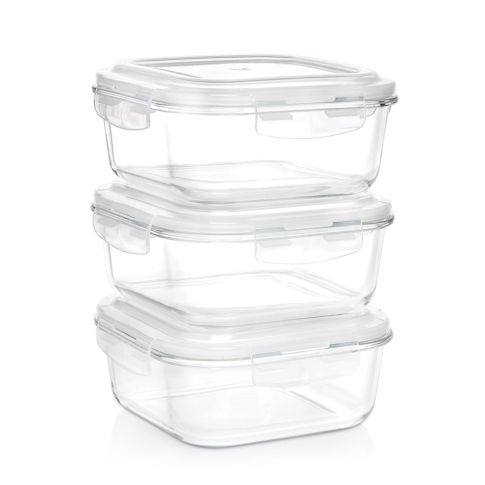 Borosil Klip n Store Square Set of 3 Glass Container, 1L x 3 1L x 3