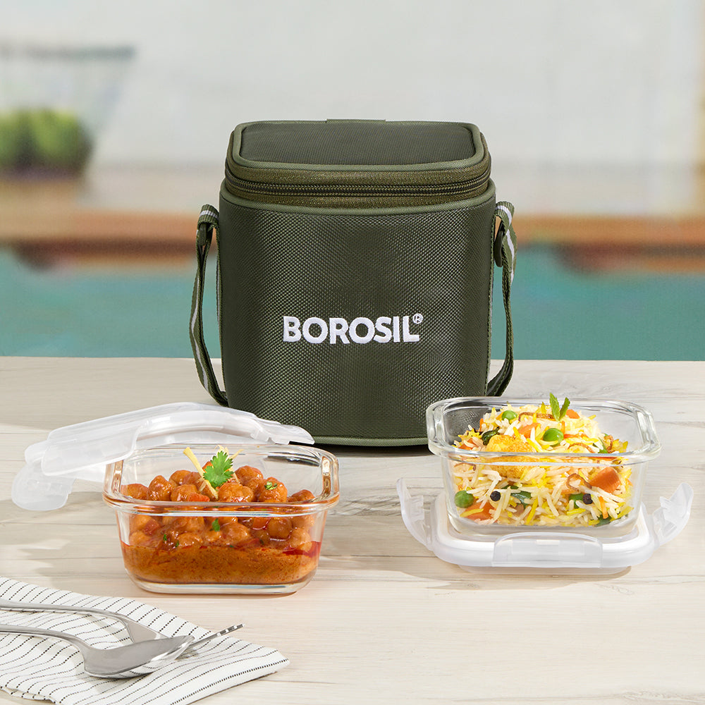 Borosil Eateasy Glass Lunchbox, Square x 2 (Tall), 320ml x 2