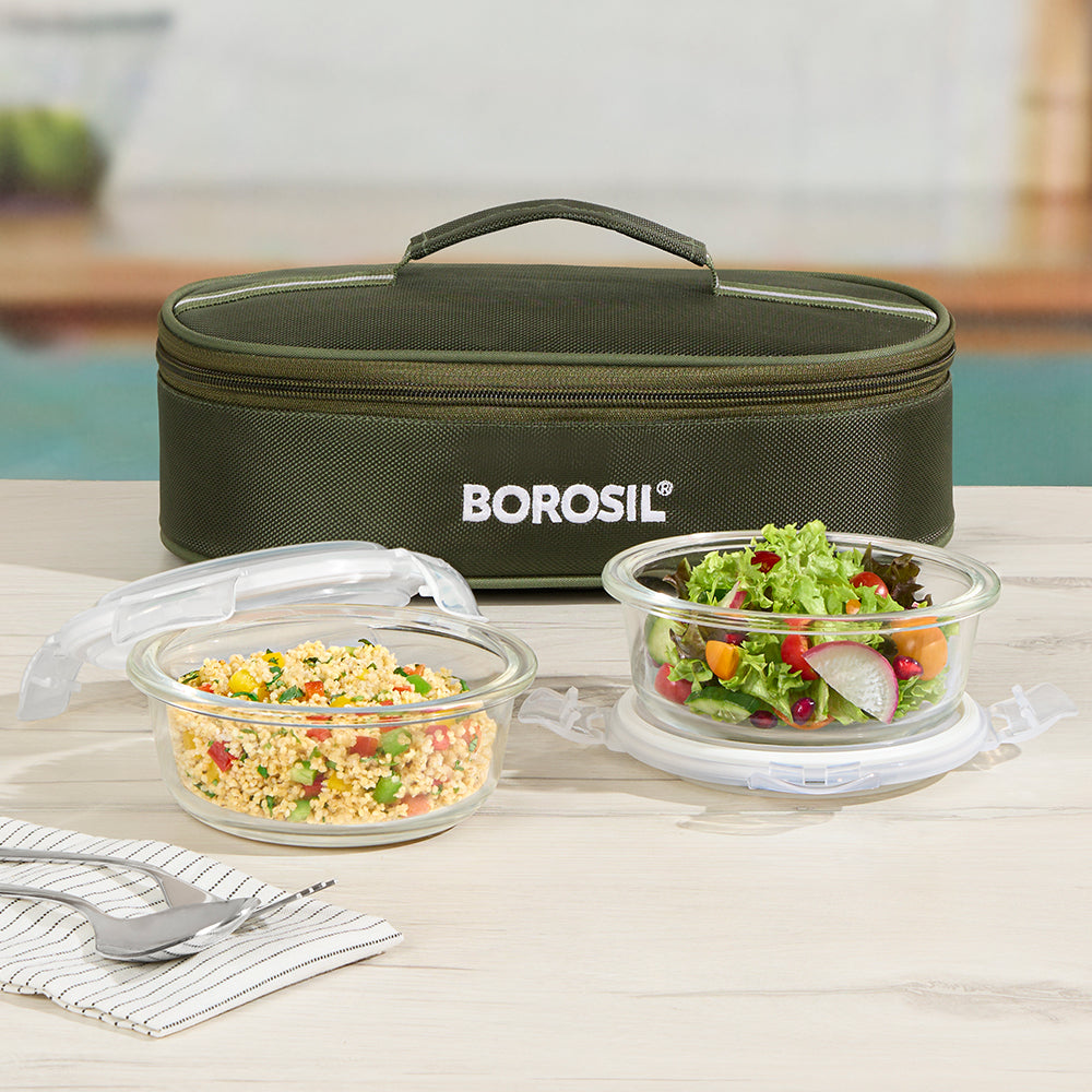 Borosil Eateasy Glass Lunchbox, Round x 2 (Flat), 400ml x 2