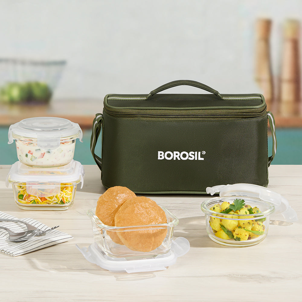 Borosil Eateasy Universal Glass Lunchbox, 320ml x 2 + 240ml x 2