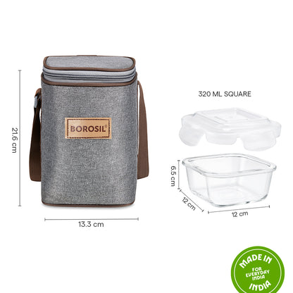 Borosil Pro Glass Lunchbox, Square x 3, 320ml x 3