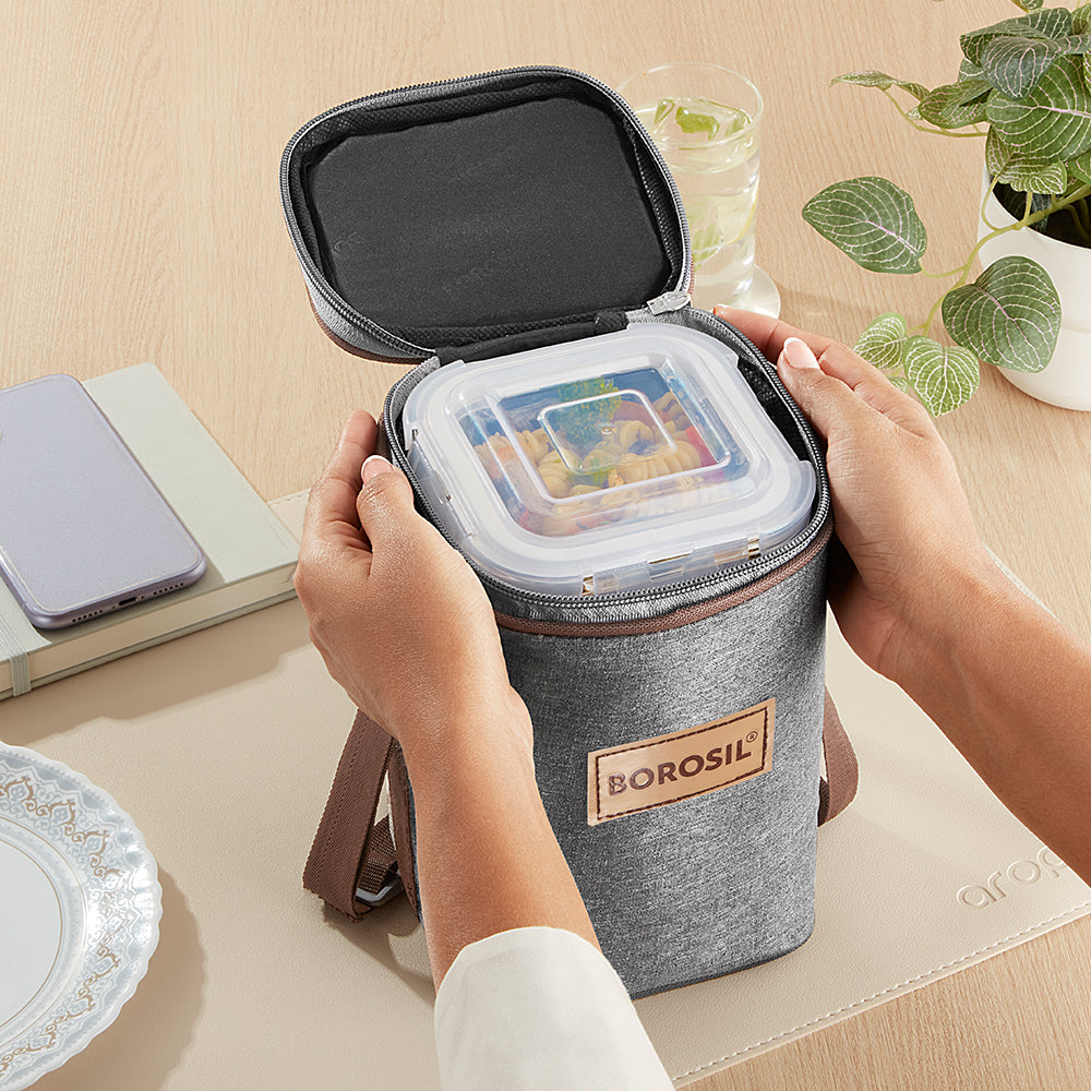 Borosil Pro Glass Lunchbox, Square x 3, 320ml x 3