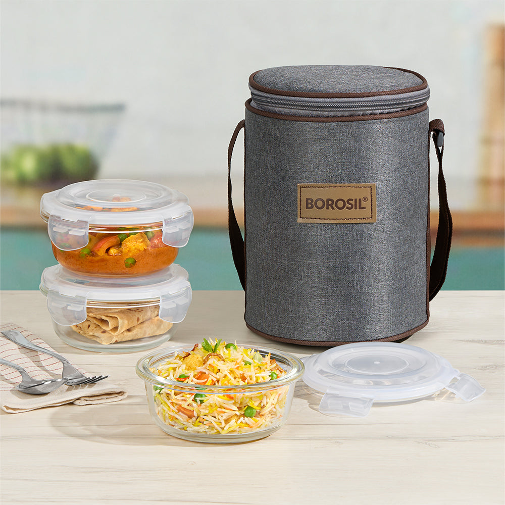 Borosil Pro Glass Lunchbox, Round x 3, 400ml x 3