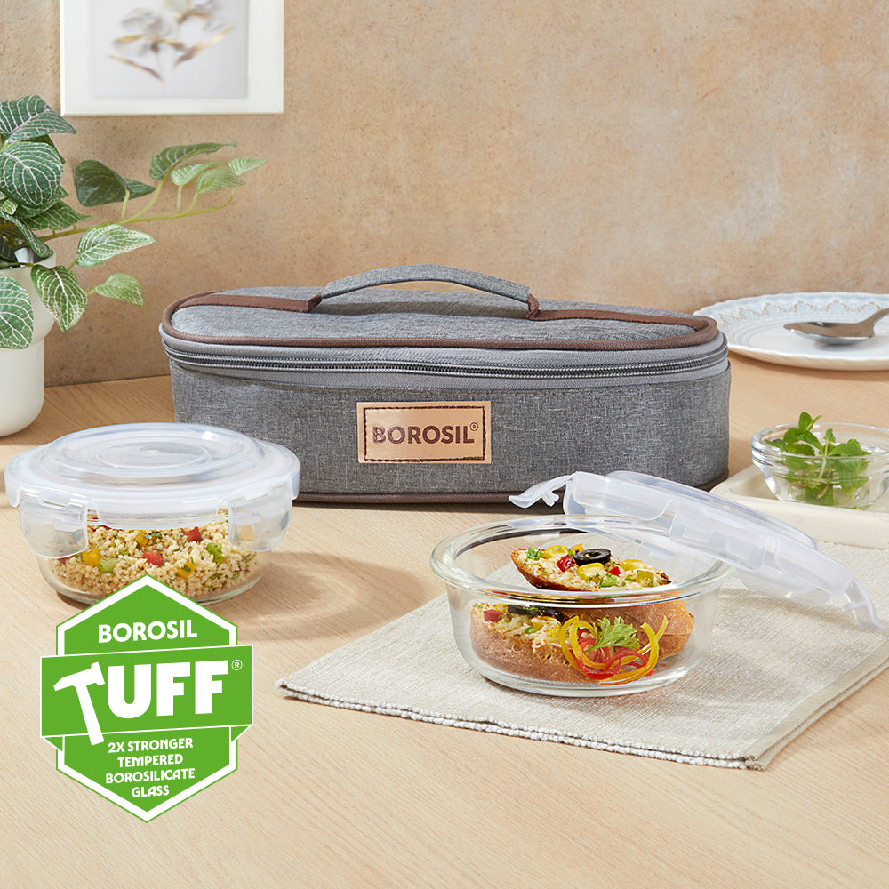 Borosil Pro Glass Lunchbox, Round x 2 (Flat), 400ml x 2