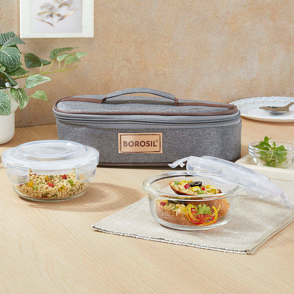 Borosil Pro Glass Lunchbox, Round x 2 (Flat), 400ml x 2
