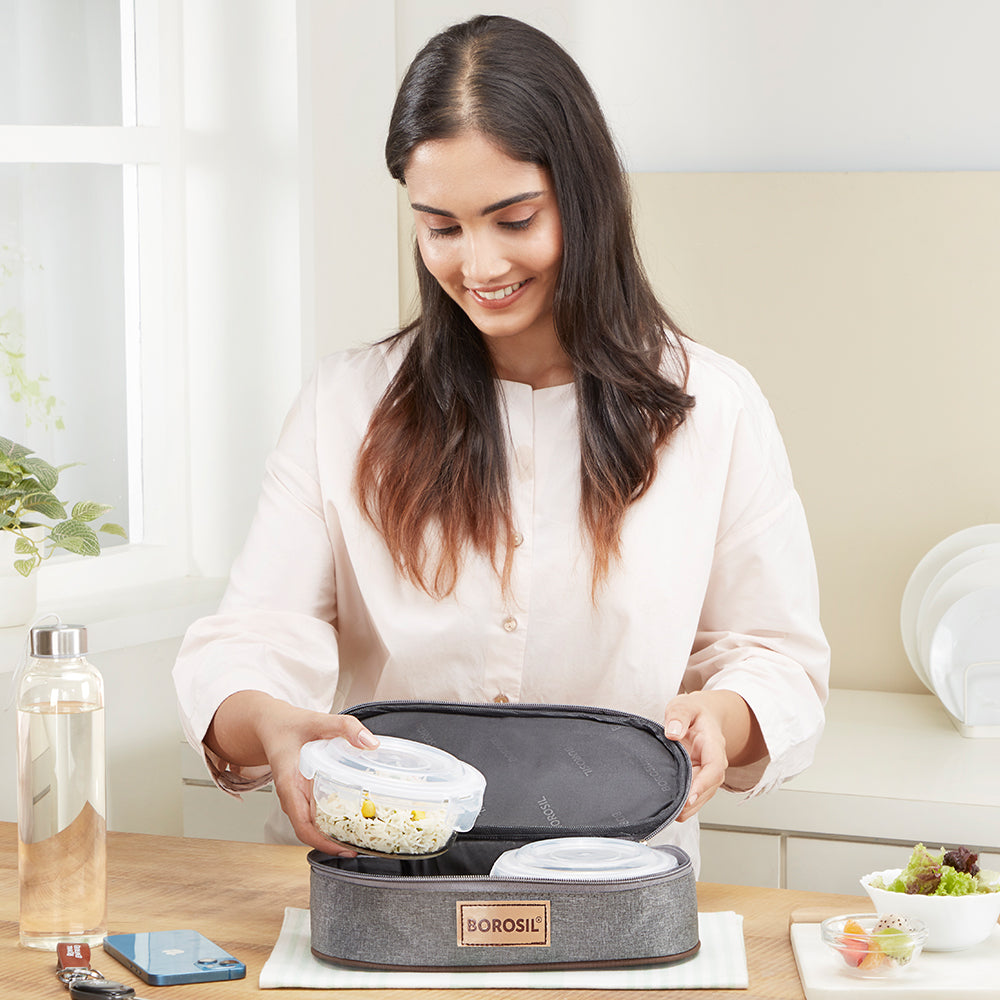 Borosil Pro Glass Lunchbox, Round x 2 (Flat), 400ml x 2