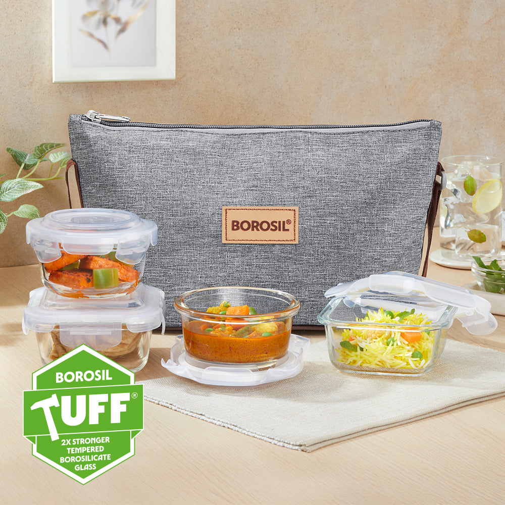 Borosil Pro Daisy Glass Lunchbox, 320ml x 2 + 240ml x 2