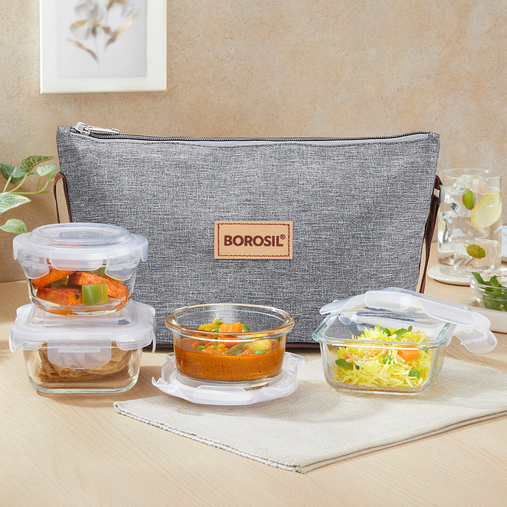 Borosil Pro Daisy Glass Lunchbox, 320ml x 2 + 240ml x 2