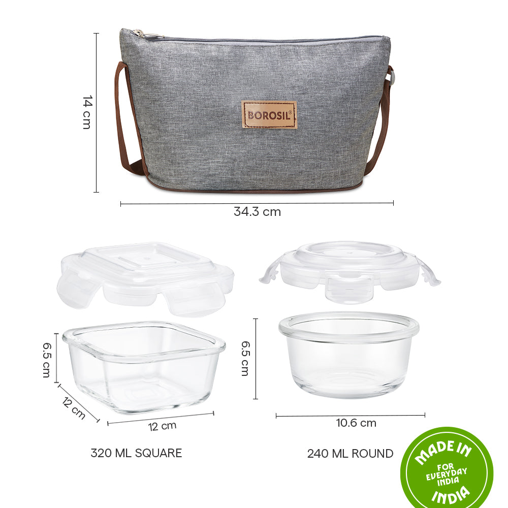 Borosil Pro Daisy Glass Lunchbox, 320ml x 2 + 240ml x 2