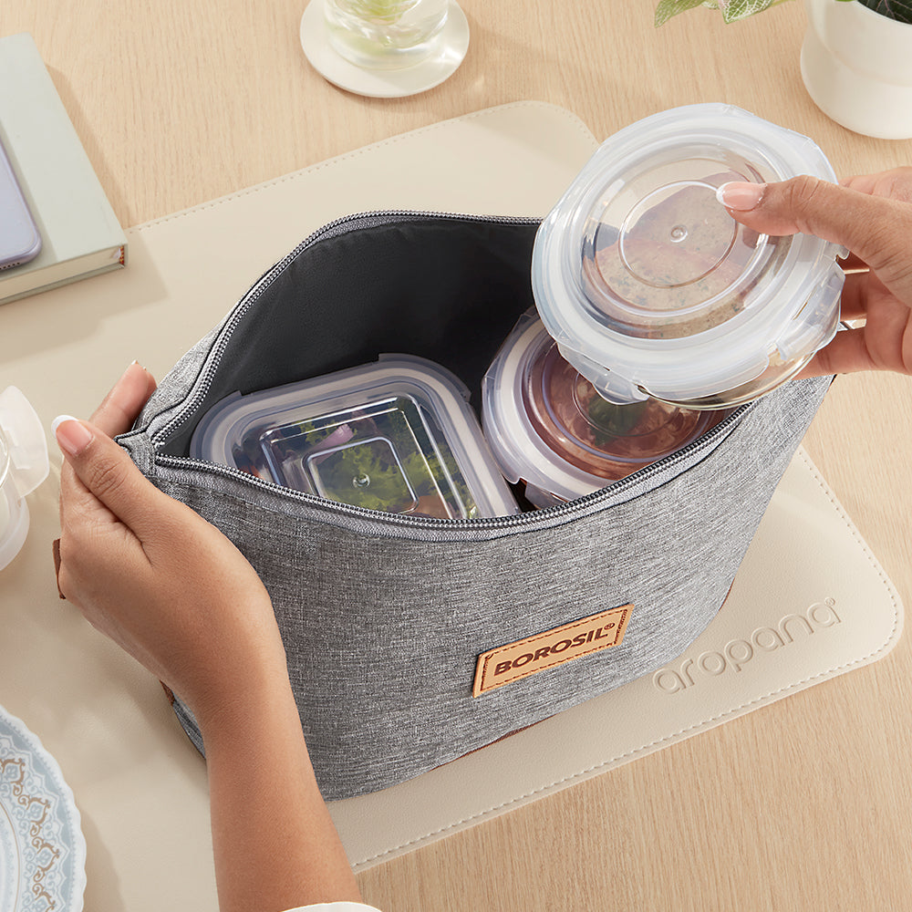 Borosil Pro Daisy Glass Lunchbox, 320ml x 2 + 240ml x 2