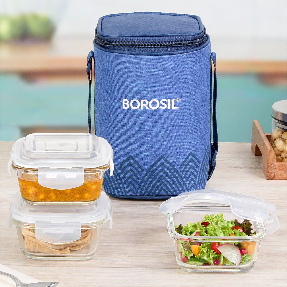 Borosil Mealbox Blue Glass Lunchbox, Square x 3, 320ml x 3