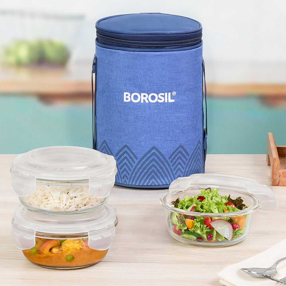Borosil Mealbox Blue Glass Lunchbox, Round x 3, 400ml x 3