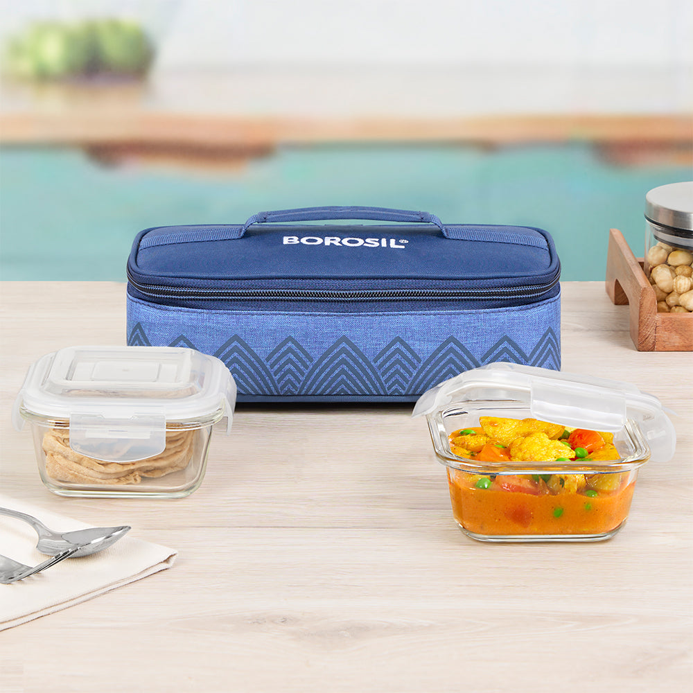 Borosil Mealbox Blue Glass Lunchbox, Square x 2 (Flat), 320ml x 2