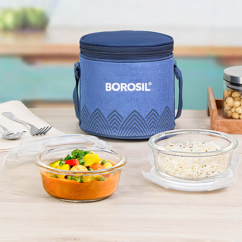 Borosil Mealbox Blue Glass Lunchbox, Round x 2 (Tall), 400ml x 2