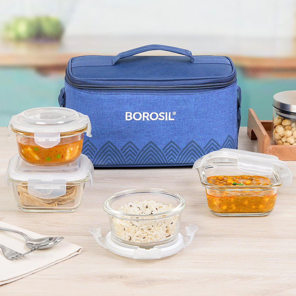Borosil Mealbox Blue Universal Glass Lunchbox, 320ml x 2 + 240ml x 2