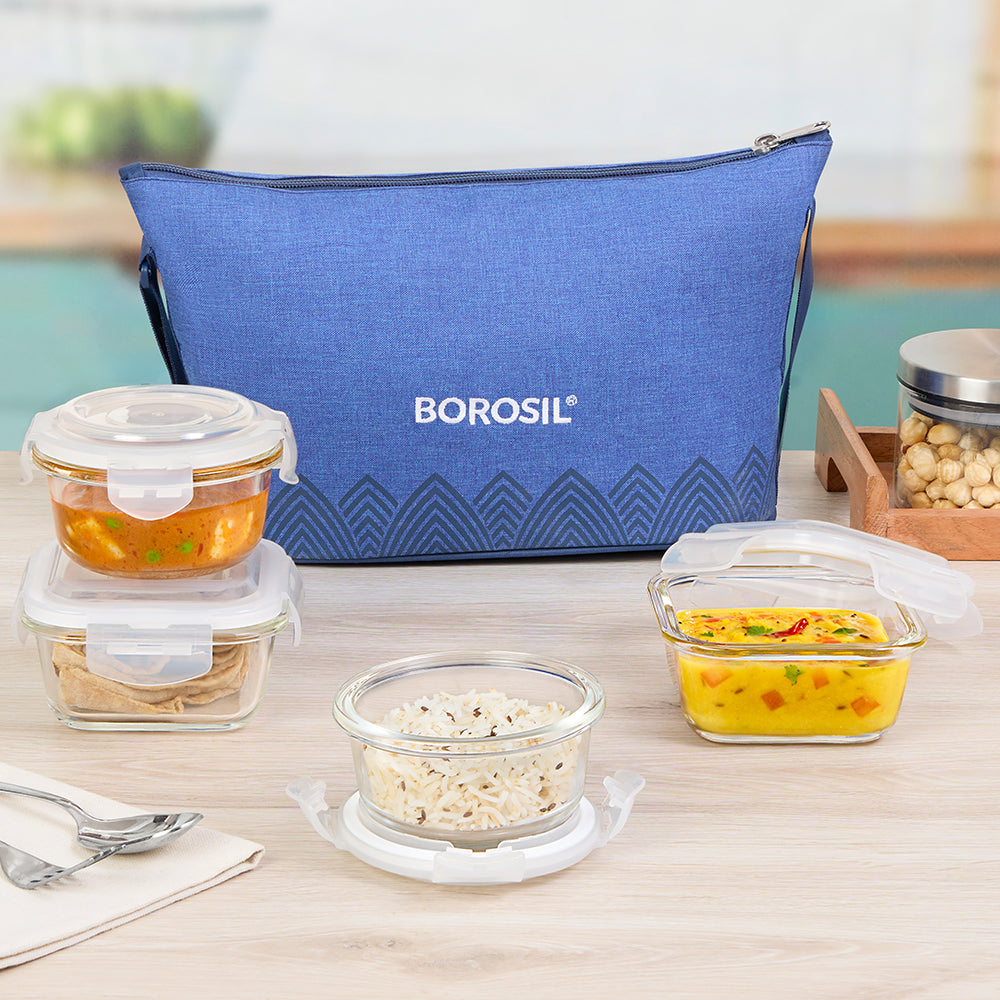 Borosil Mealbox Blue Daisy Glass Lunchbox, 320ml x 2 + 240ml x 2
