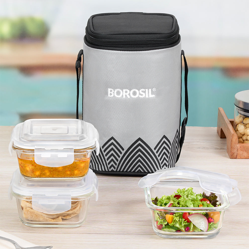 Borosil Mealbox Grey Glass Lunchbox, Square x 3, 320ml x 3