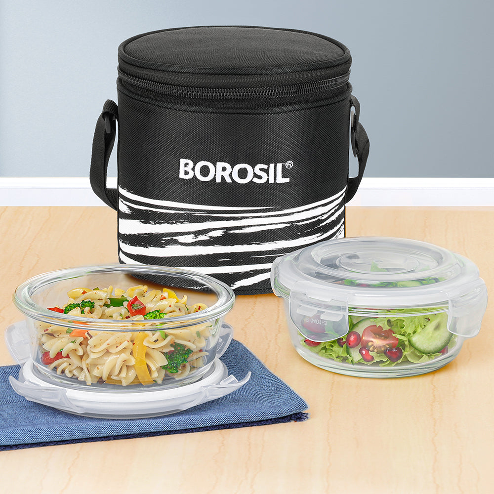 Borosil Steller Black Lunch Bag, Round x 2 (Tall)