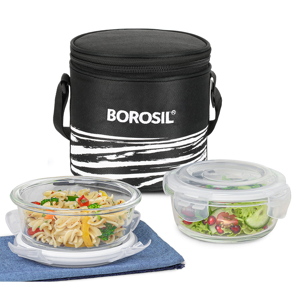 Borosil Steller Black Lunch Bag, Round x 2 (Tall)