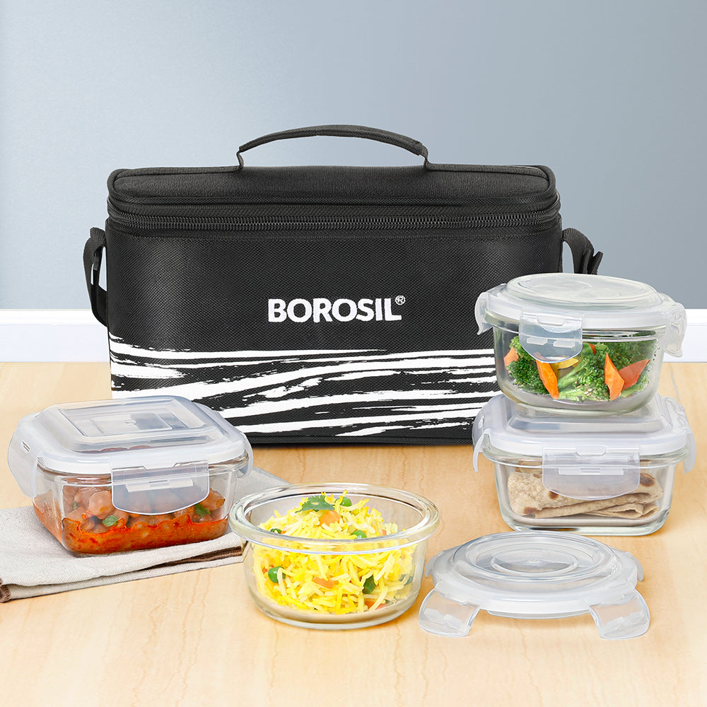 Borosil Steller Black Lunch Bag, Universal, Set of 4