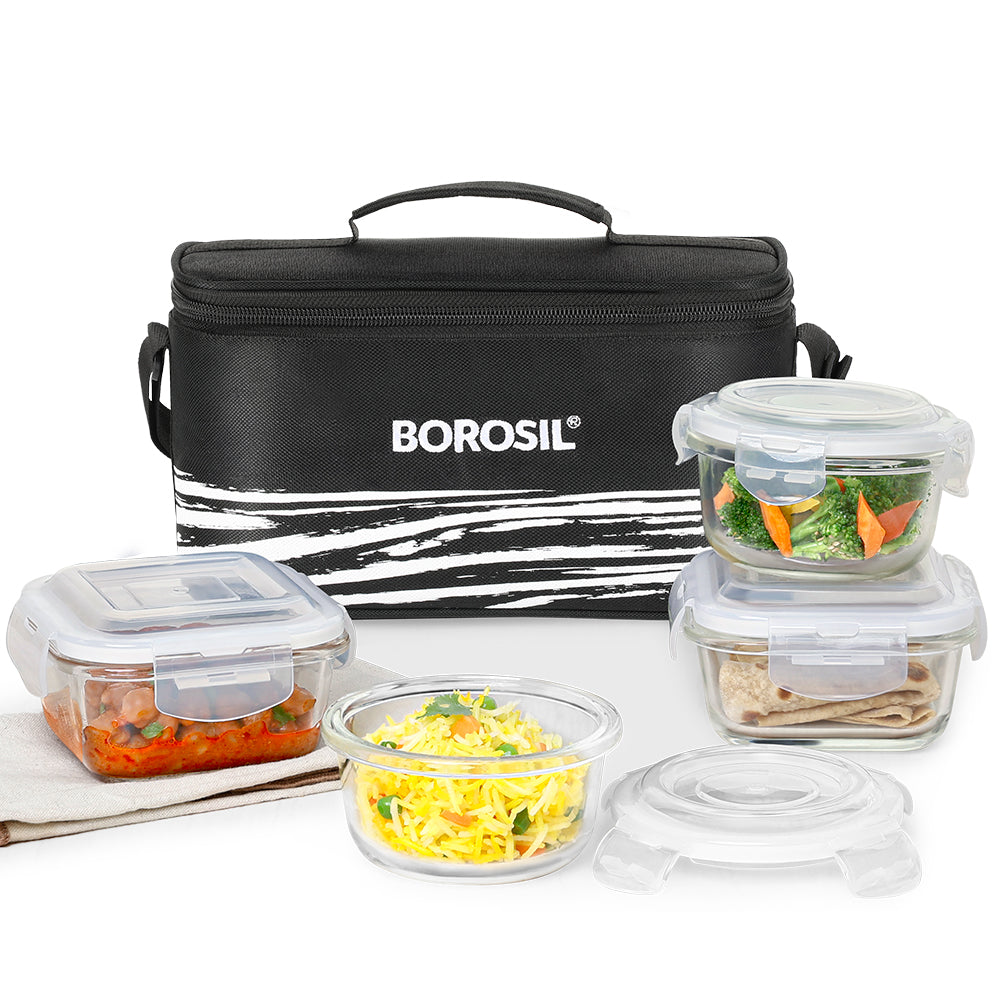 Borosil Steller Black Lunch Bag, Universal, Set of 4