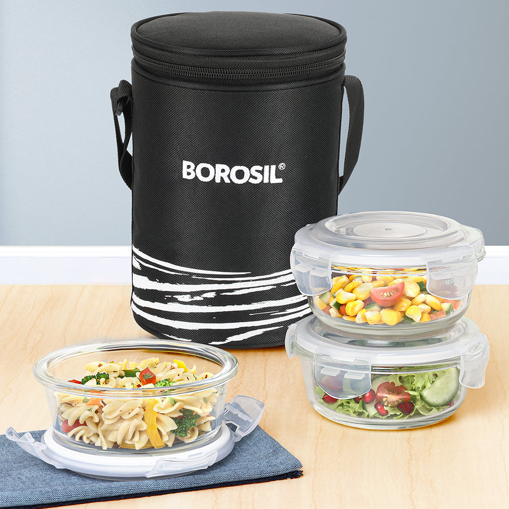 Borosil Steller Black Lunch Bag, Round x 3 (Tall)
