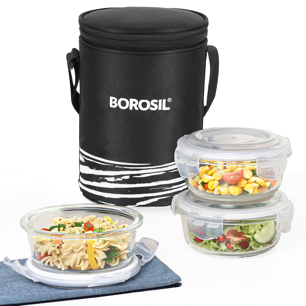 Borosil Steller Black Lunch Bag, Round x 3 (Tall)