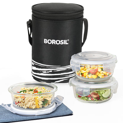 Borosil Steller Black Lunch Bag, Round x 3 (Tall)