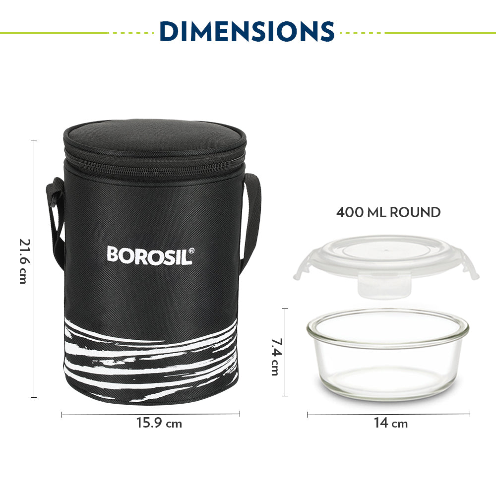 Borosil Steller Black Lunch Bag, Round x 3 (Tall)