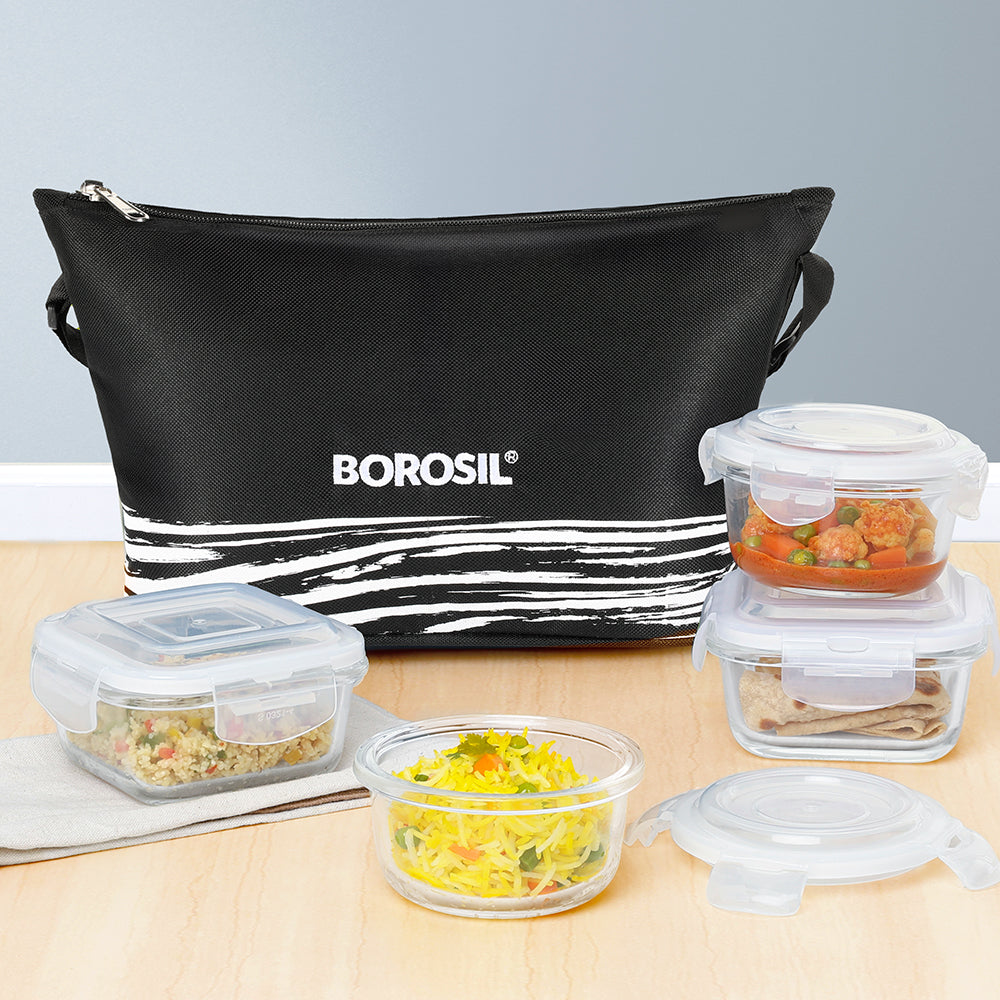 Borosil Steller Black Lunch Bag, Daisy, Set of 4
