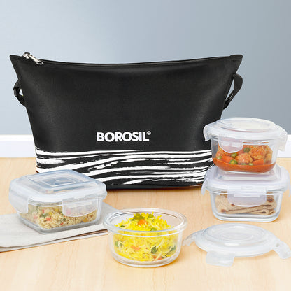 Borosil Steller Black Lunch Bag, Daisy, Set of 4